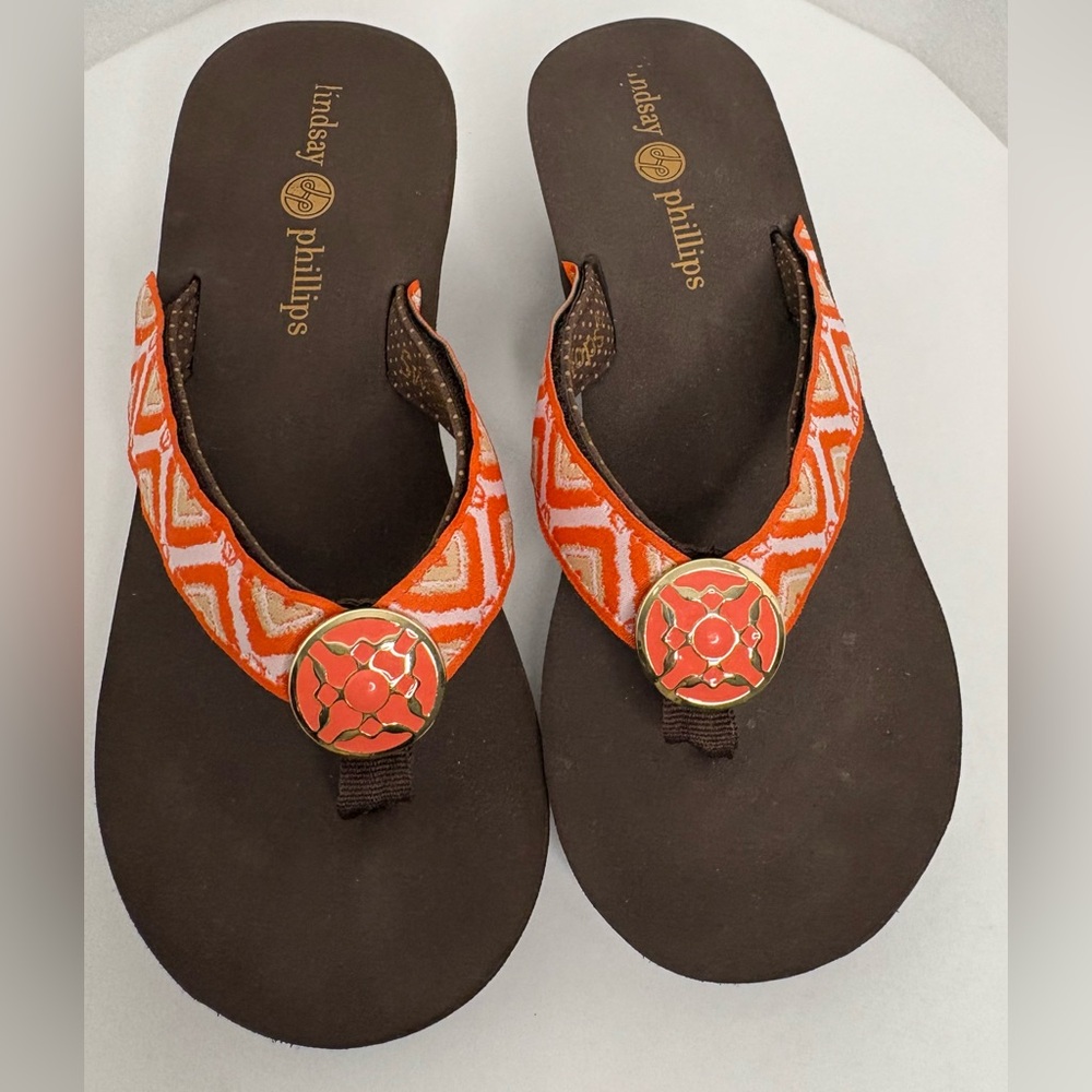 Lindsay Phillips Size 8 Brown Wedge Sandals One Pair Orange Staps Included